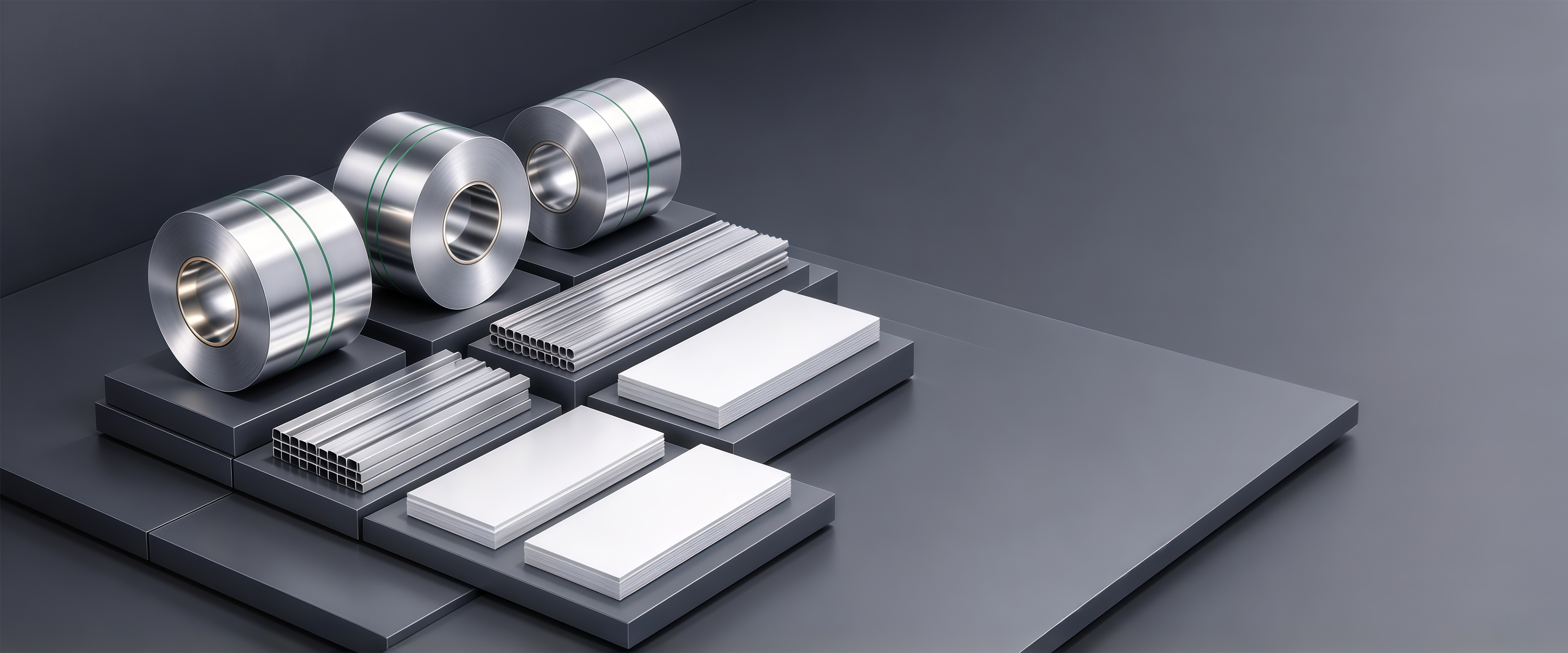 Steel strip coils, formed steel profiles and stacked boards arranged on dark graphite platforms