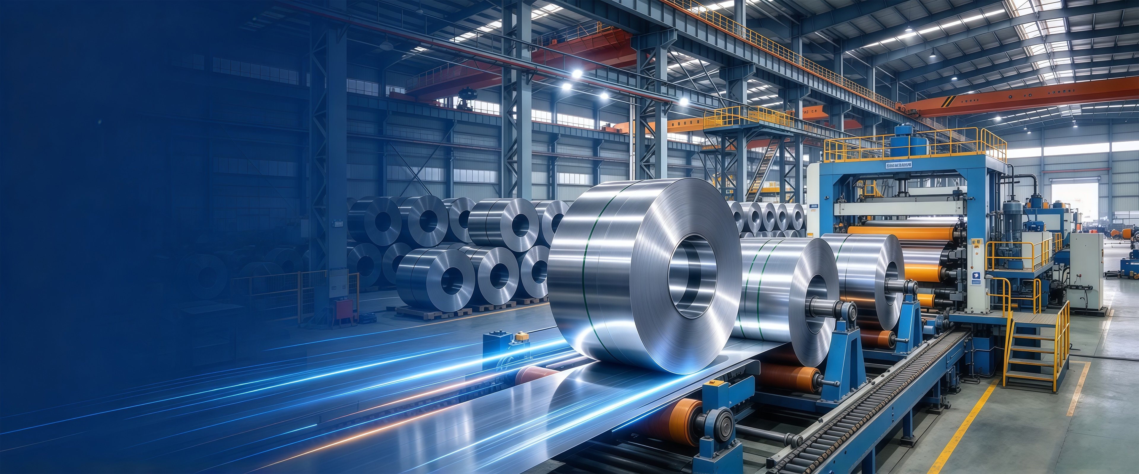 Large steel coils on a slitting and processing line inside an industrial hall with stored coils behind
