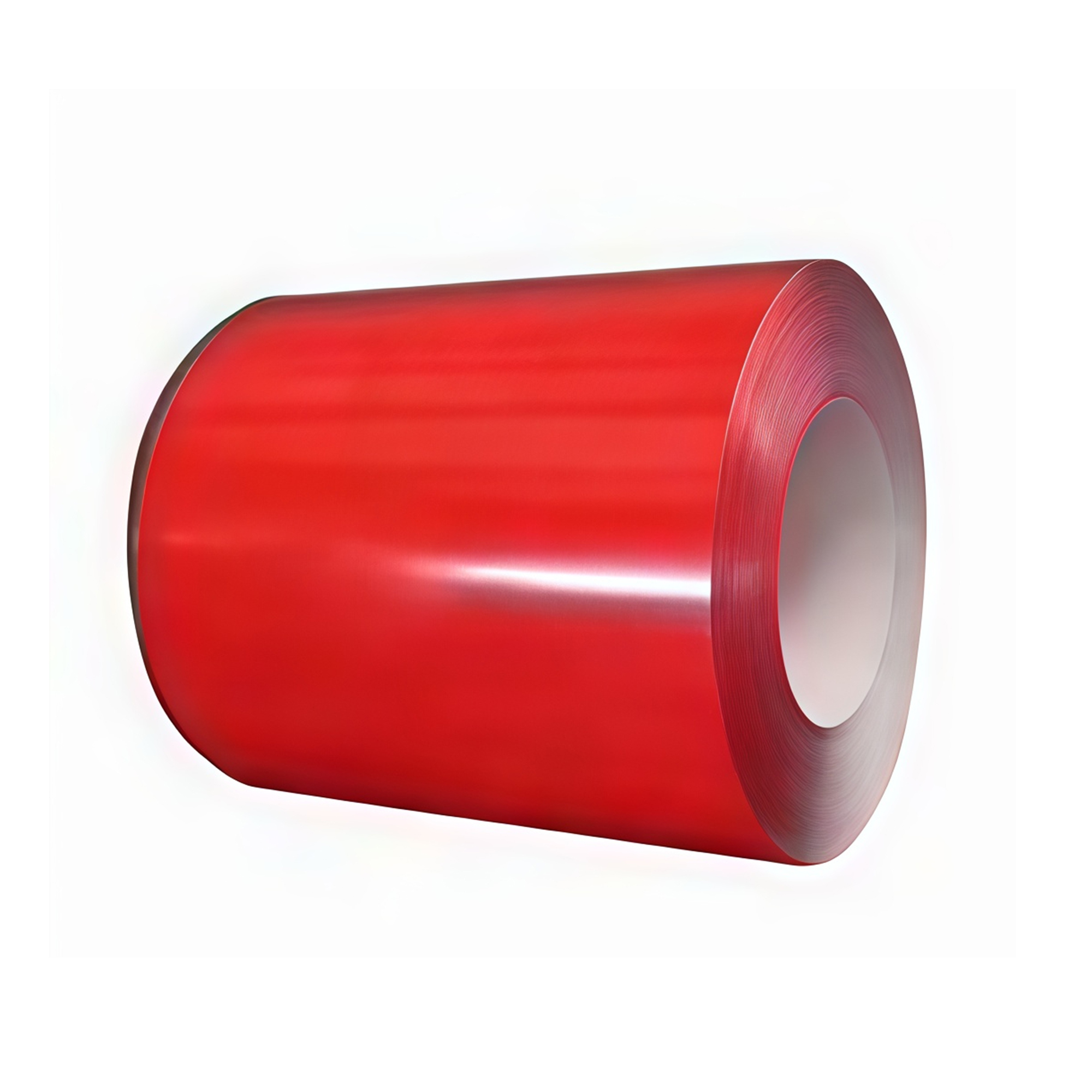 Steel strip coil with a red finish standing on its edge on a white background
